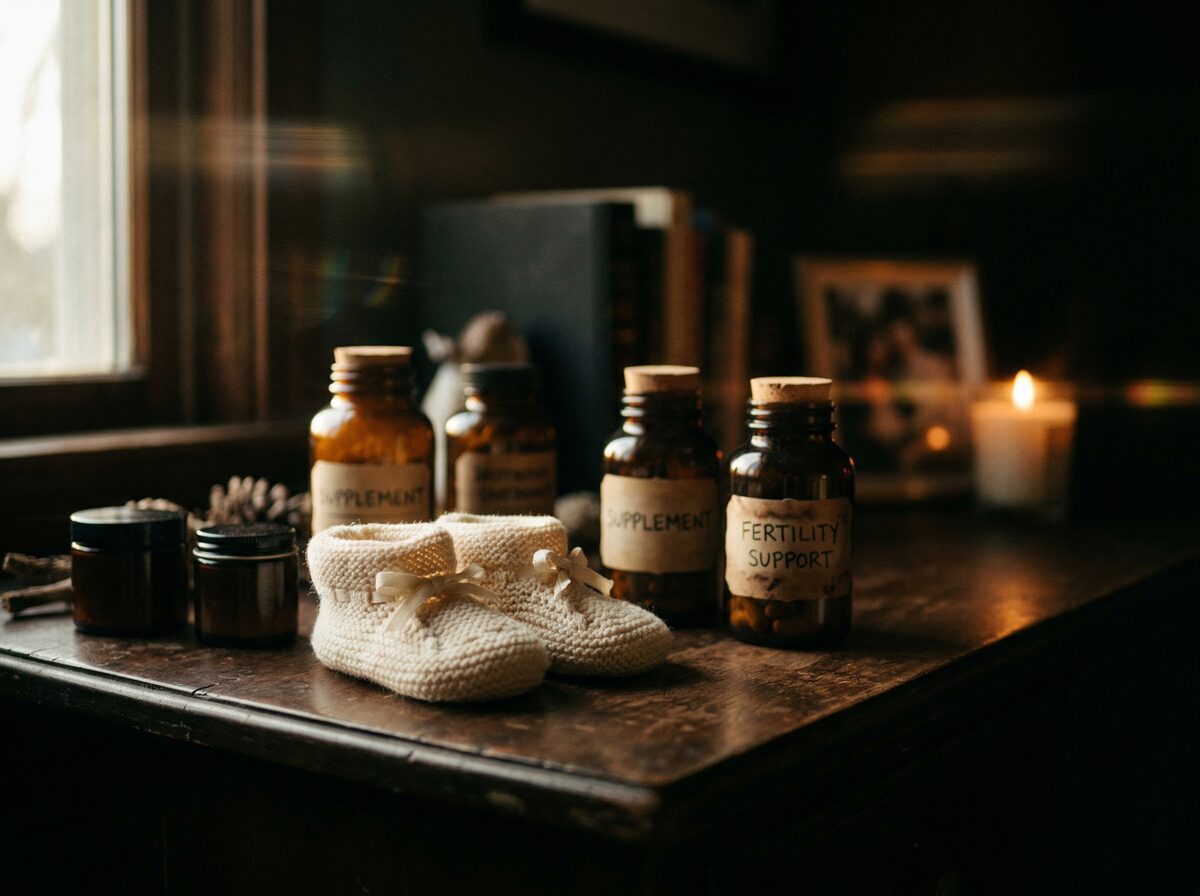Babyschuhe neben Supplement-Flaschen als Fruchtbarkeits-Konzept