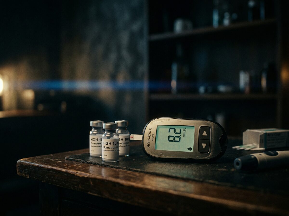 Blutzuckermessgerät neben HGH-Vials auf dunkler Oberfläche, Gesundheitsmonitoring-Konzept