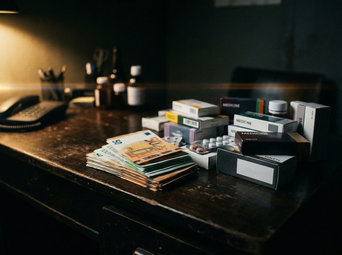 Gestapelte Euro-Scheine neben Pharma-Verpackungen auf dunklem Schreibtisch