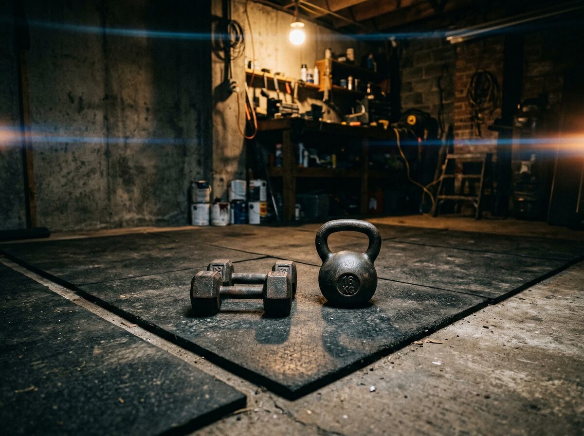 Stallmatten als Gym-Boden mit Kurzhanteln