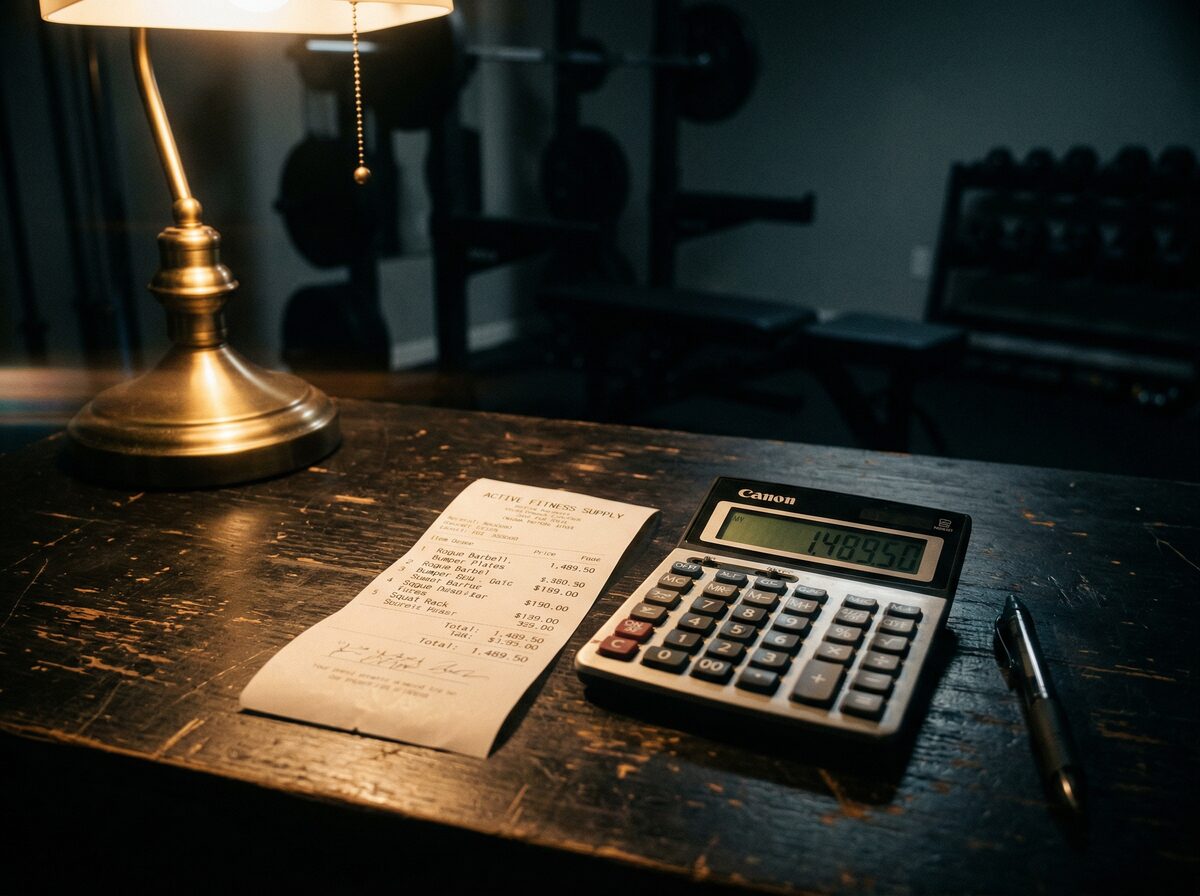 Quittung und Taschenrechner für Home-Gym-Kosten auf dunklem Schreibtisch