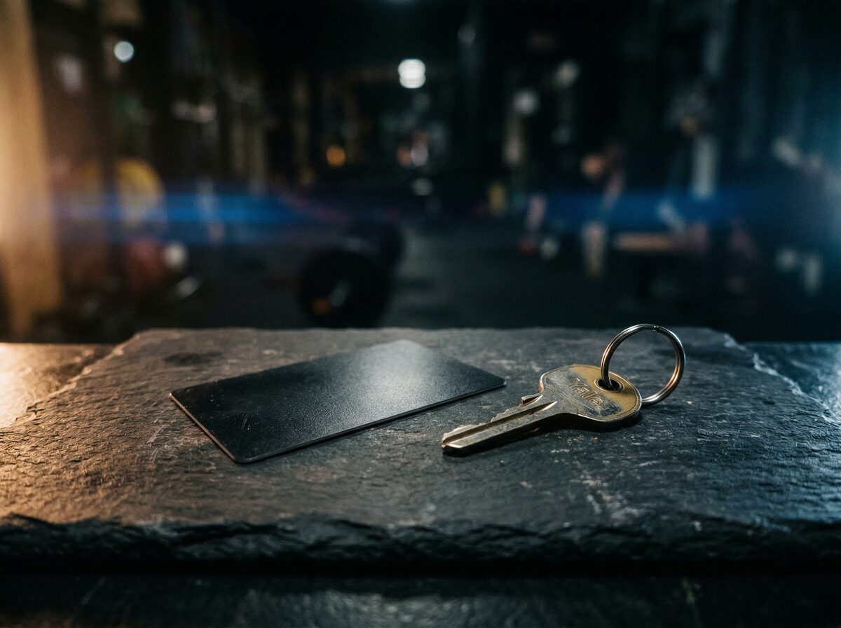 Studiomitgliedskarte und Hausschlüssel nebeneinander auf dunkler Oberfläche