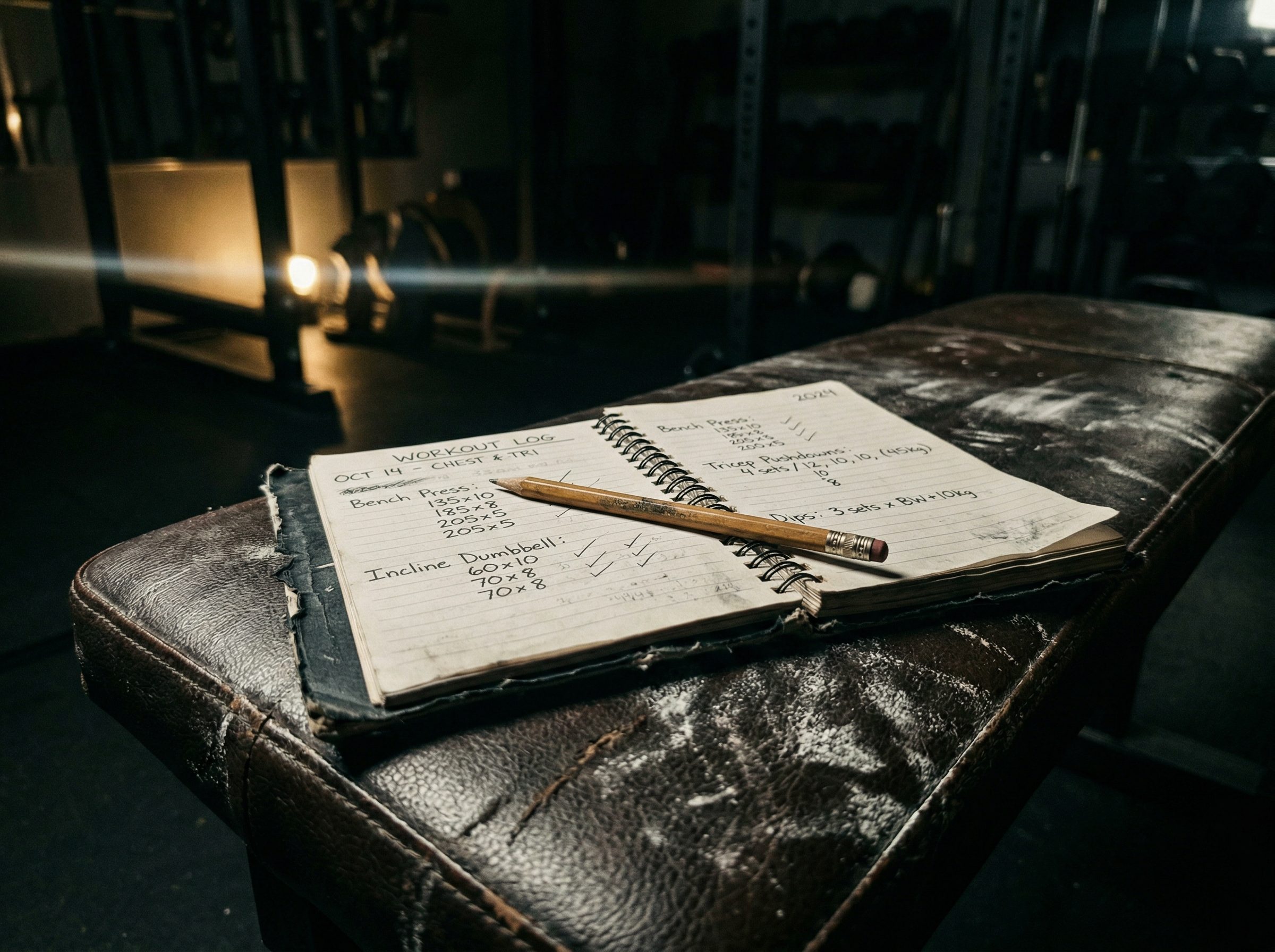 Trainingslog mit Sätzen und Wiederholungen auf einer Gym-Bank
