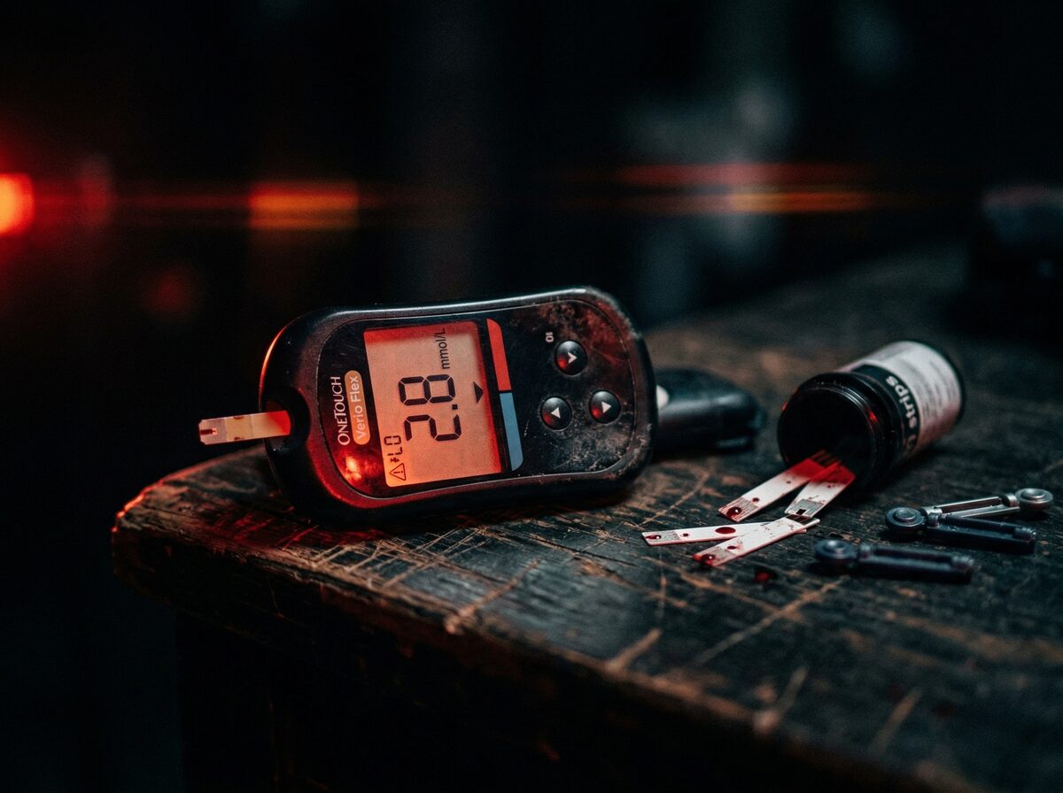 Blutzuckermessgerät mit kritisch niedrigem Wert und Teststreifen auf dunkler Oberfläche