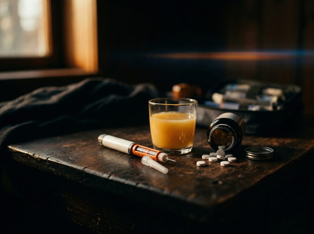 Glukosetabletten und Orangensaftglas neben einem Insulinpen auf dunkler Oberfläche