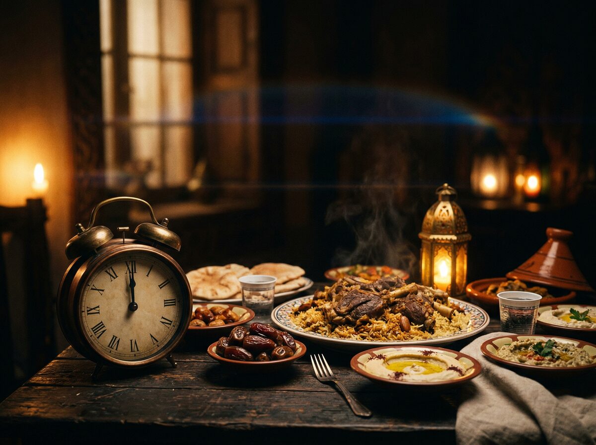 Uhr zeigt 12 Uhr neben einer großen vorbereiteten Mahlzeit auf dunklem Tisch