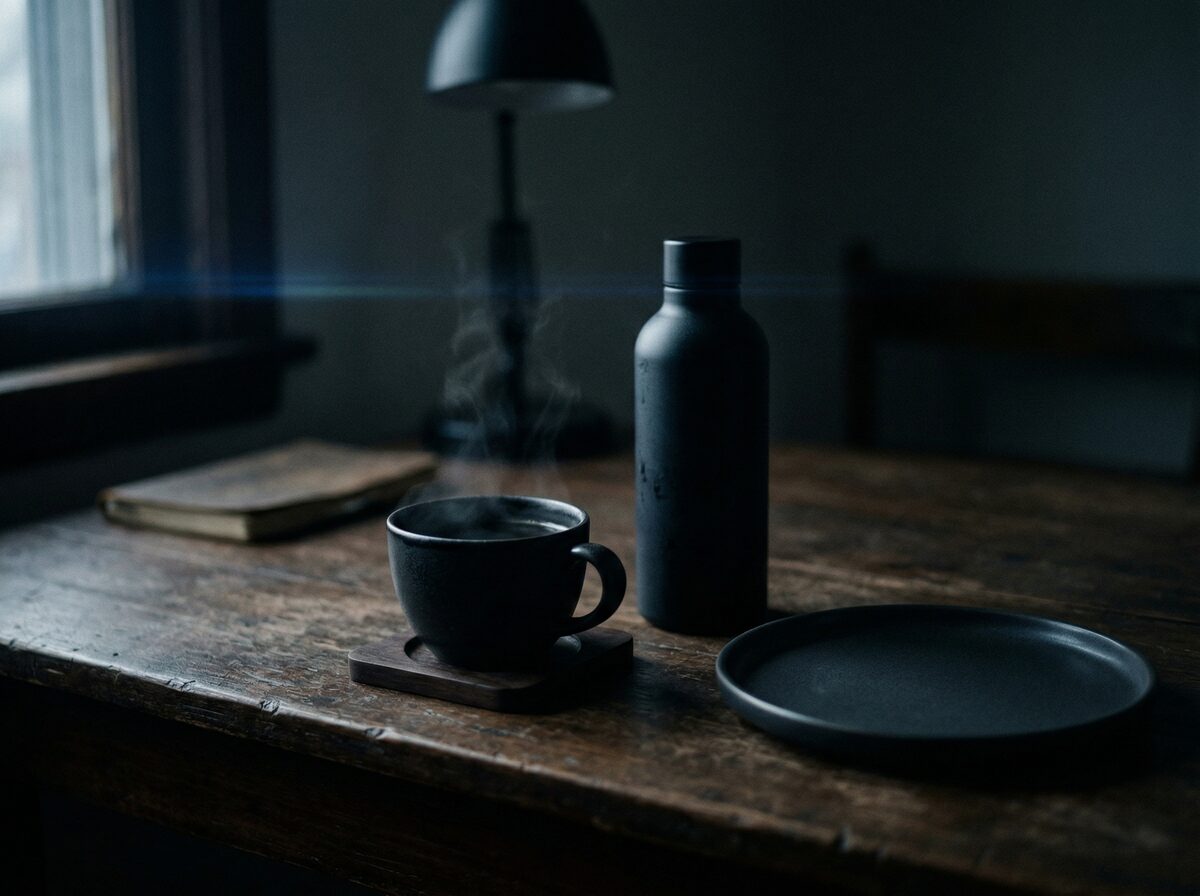 Schwarzer Kaffee und Wasserflasche neben einem leeren Teller auf dunklem Schreibtisch