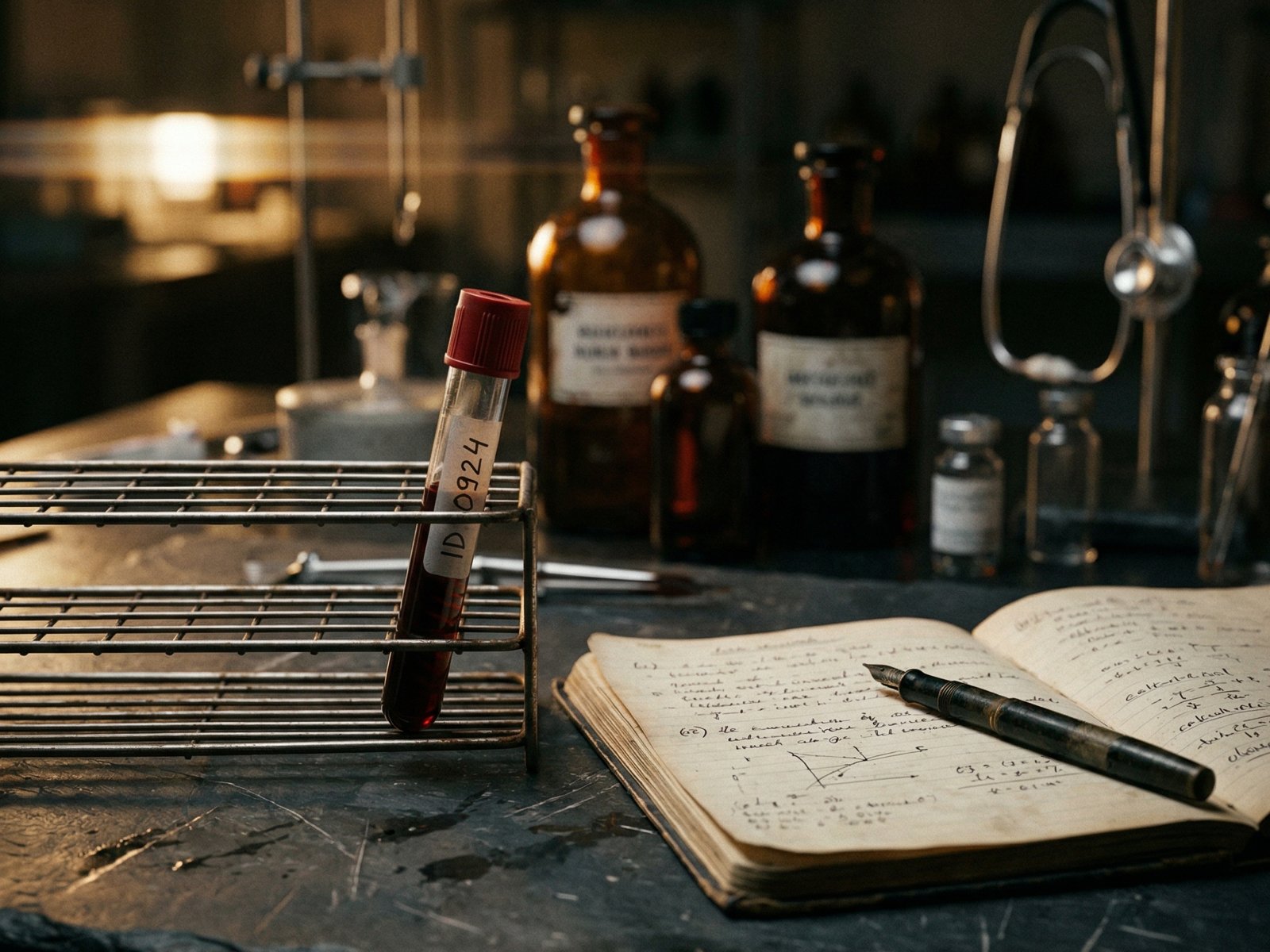 Blutröhrchen und Laborblock auf dunkler Schieferoberfläche, Stethoskop im Hintergrund