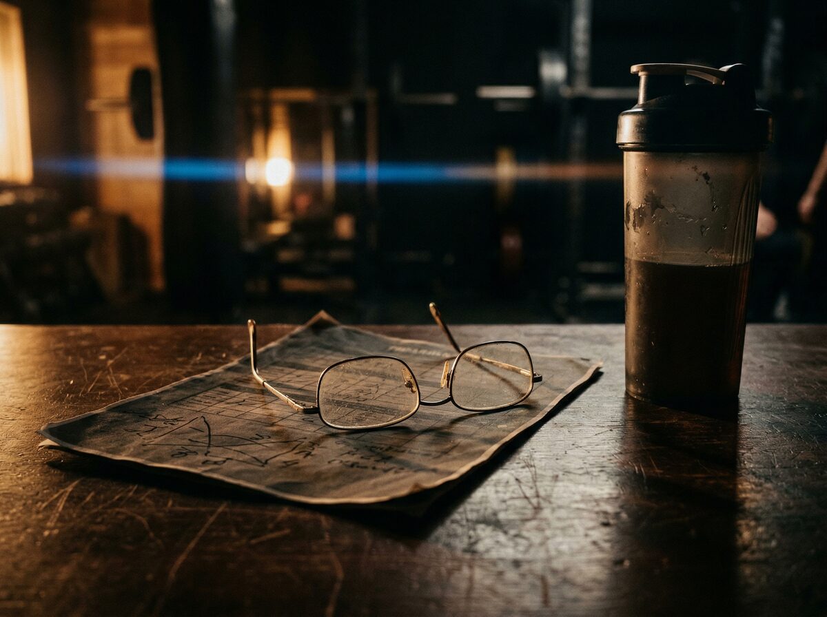 Lesebrille auf einem Trainingsplan neben einem Shaker