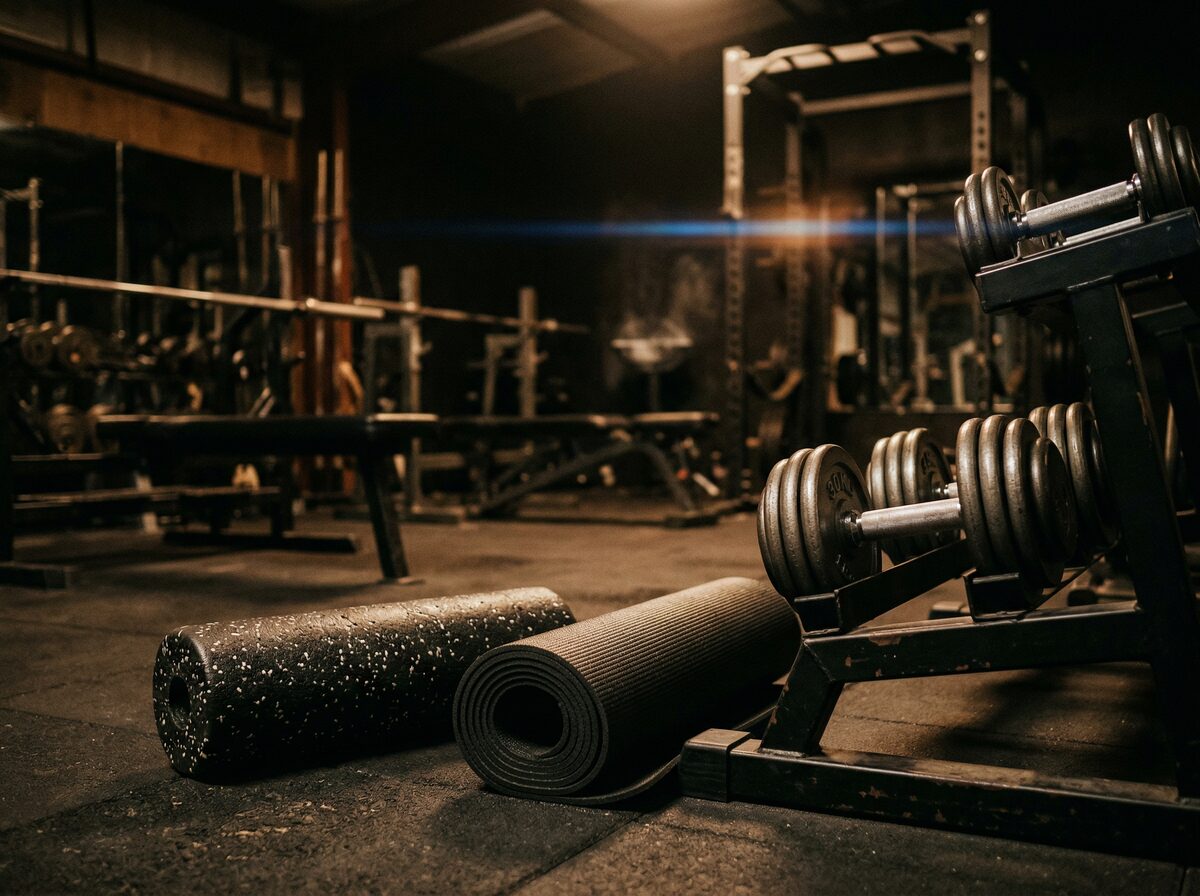 Faszienrolle und Yogamatte neben schweren Kurzhanteln