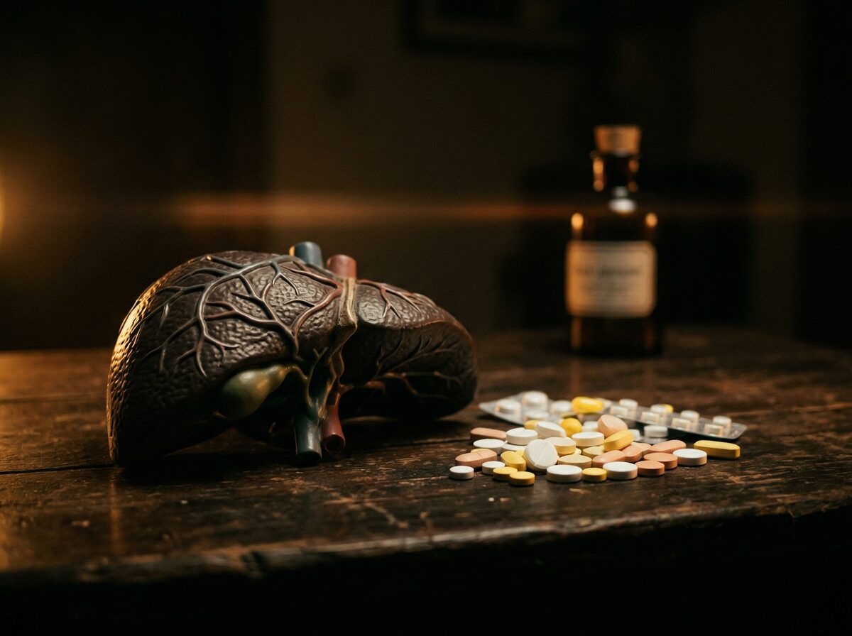 Lebermodell neben oralen Steroid-Tabletten auf dunklem Untergrund