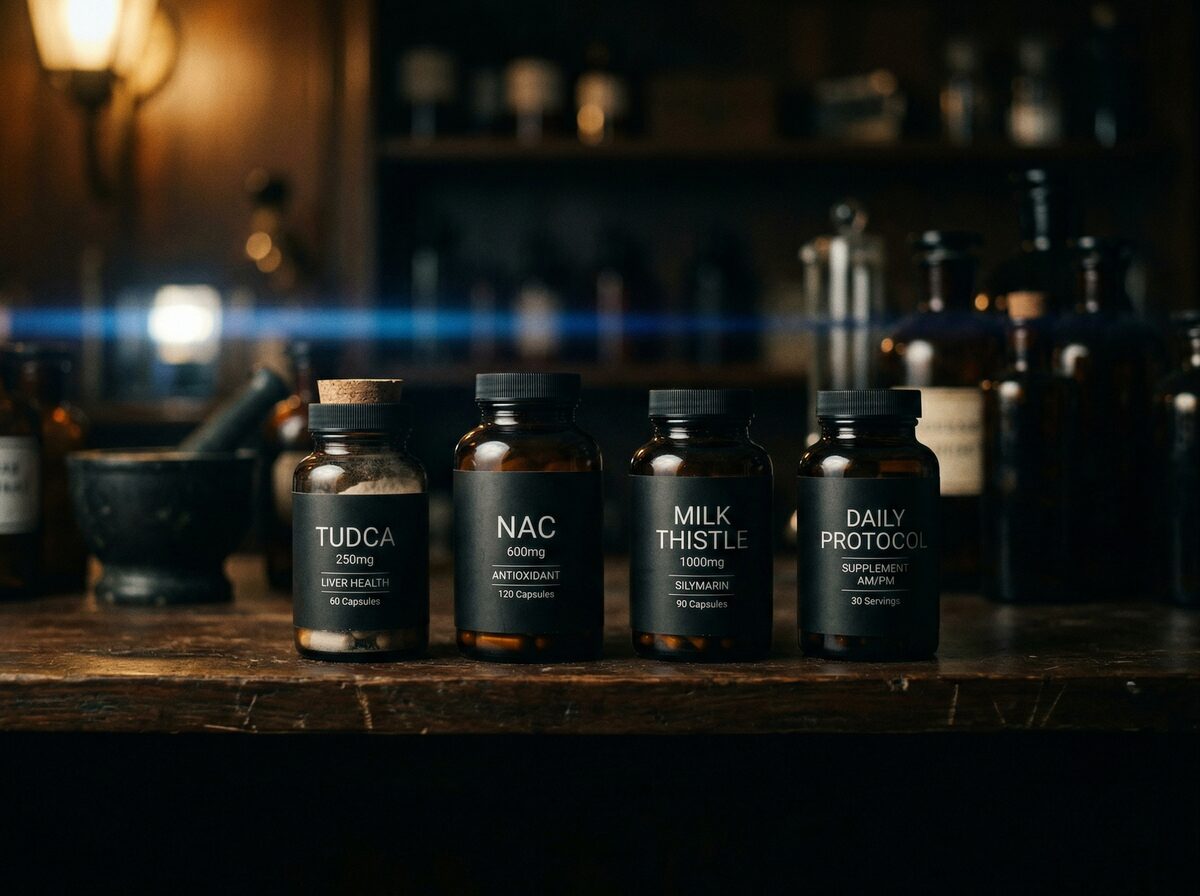 Reihe von Supplement-Flaschen TUDCA NAC und Mariendistel im Regal