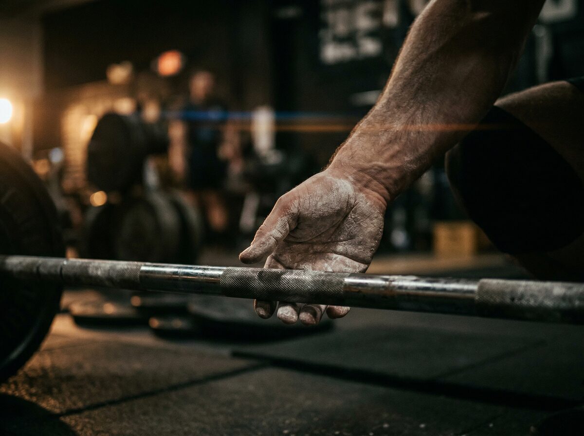 Kreide-bedeckte Hand kurz vor dem Griff an die Langhantel