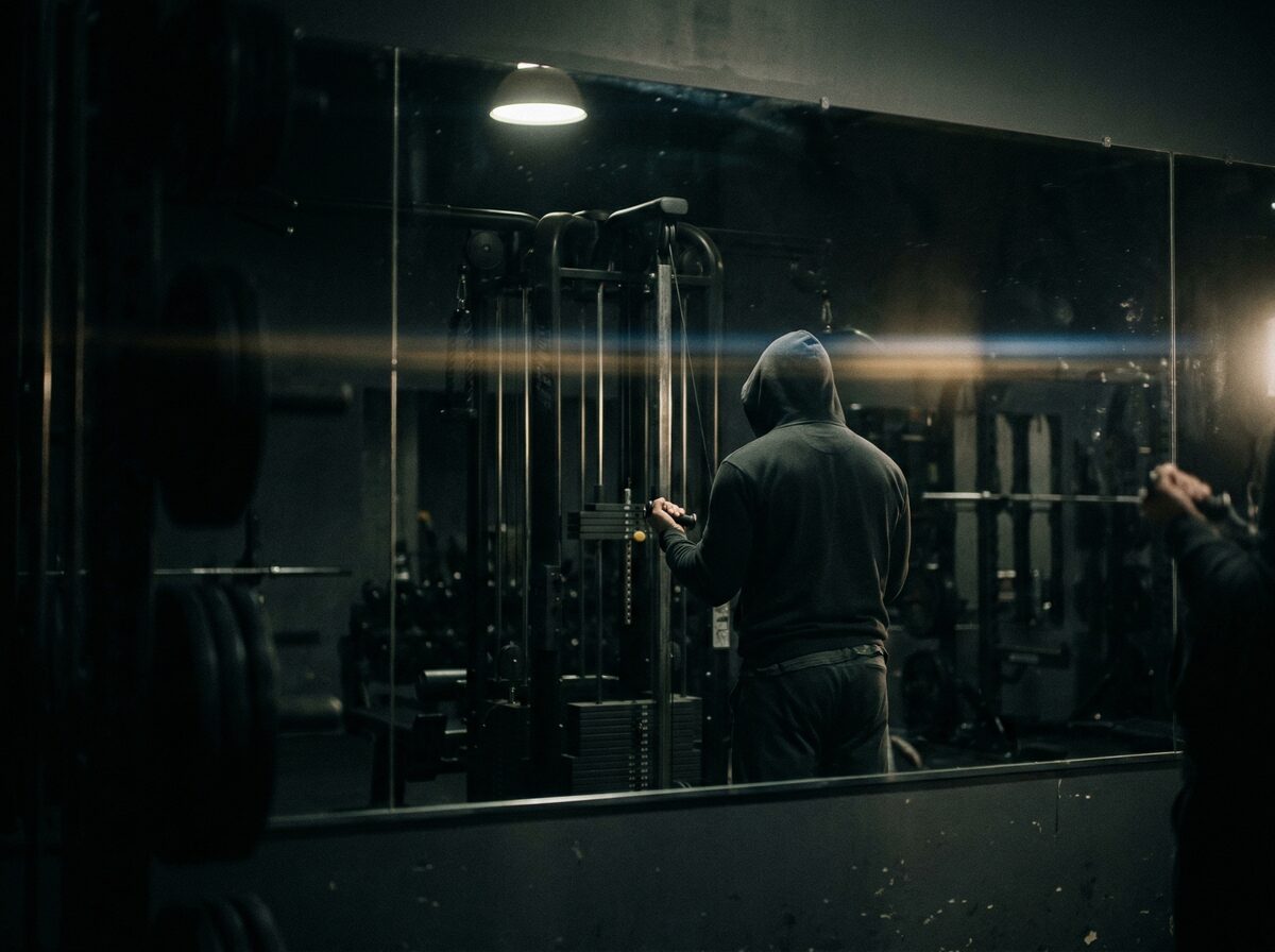 Spiegelung einer Cable-Machine in einem dunklen Gym