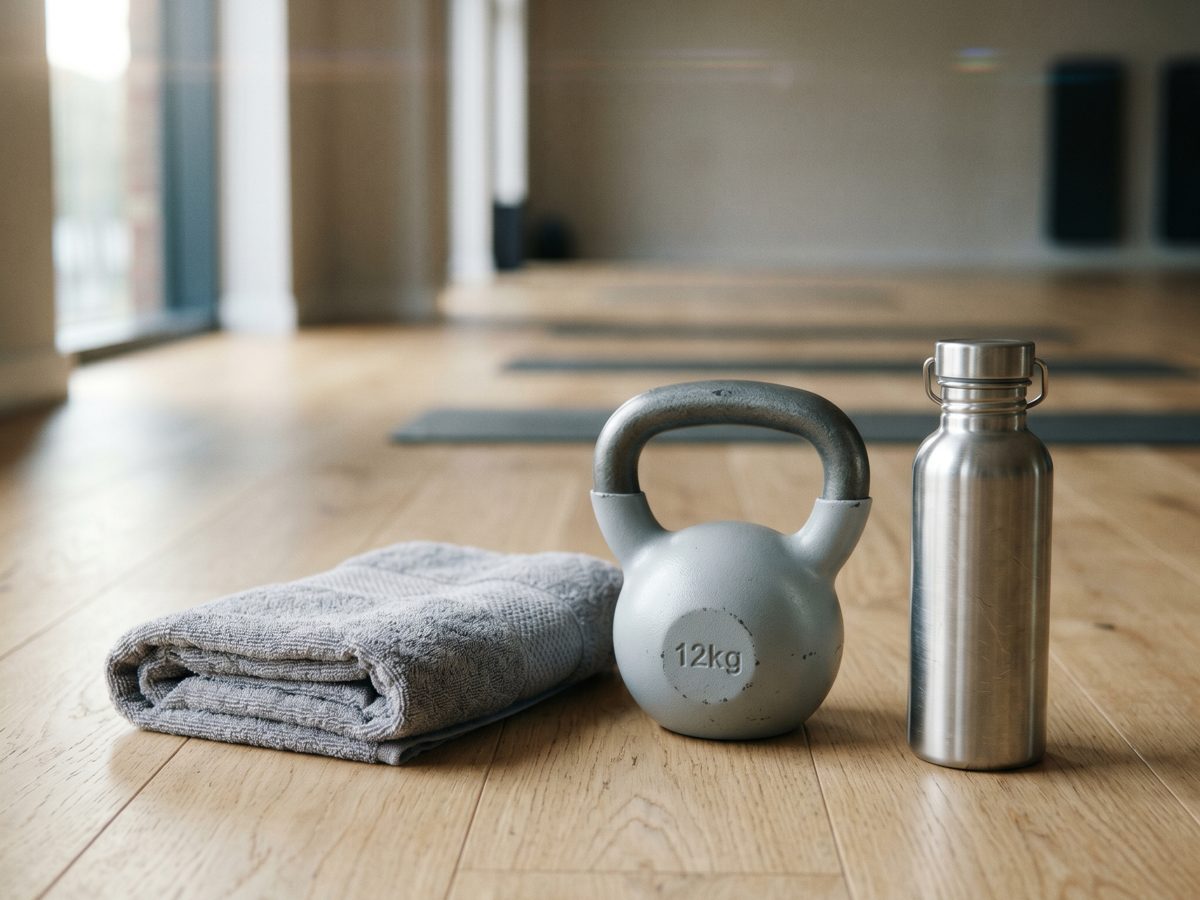 Handtuch, leichte Kettlebell und Wasserflasche auf hellem Hallenboden, Sinnbild für den kontrollierten Wiedereinstieg nach der Nabelbruch-OP