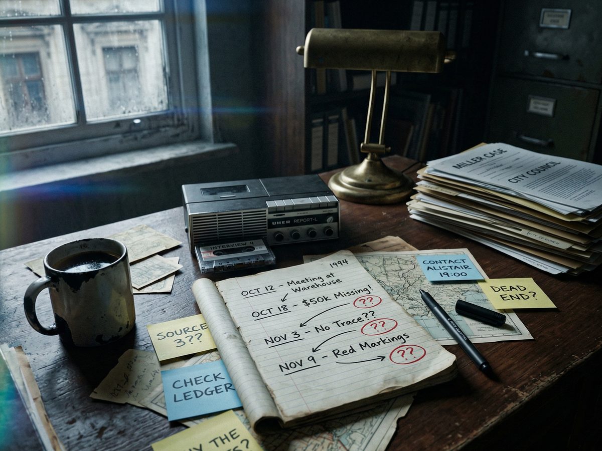 Notizbuch mit Fragezeichen, Klebezetteln und Kaffeetasse auf dunklem Holzschreibtisch