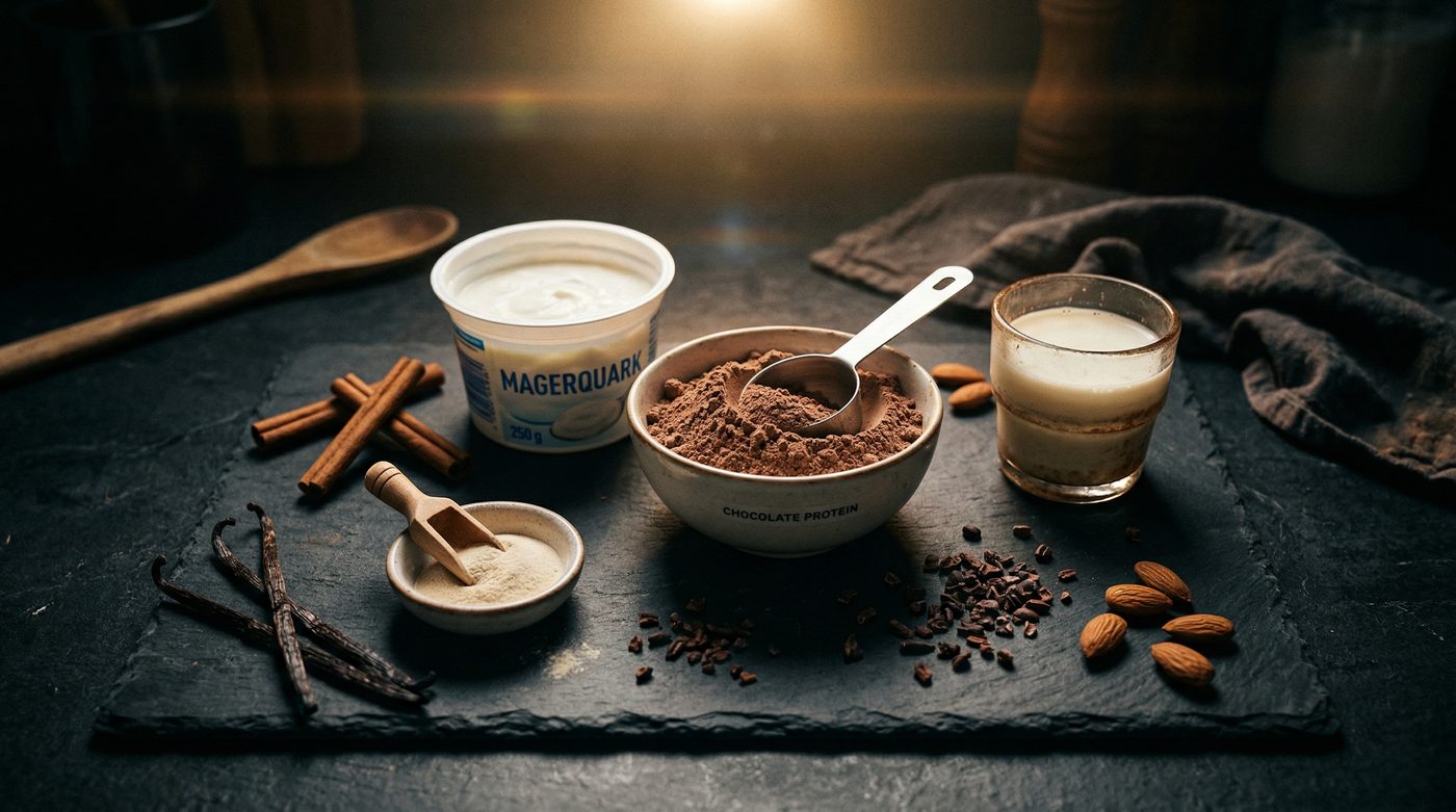 Protein-Eis Zutaten auf dunkler Arbeitsfläche: Magerquark, Proteinpulver, Milch und Xanthan
