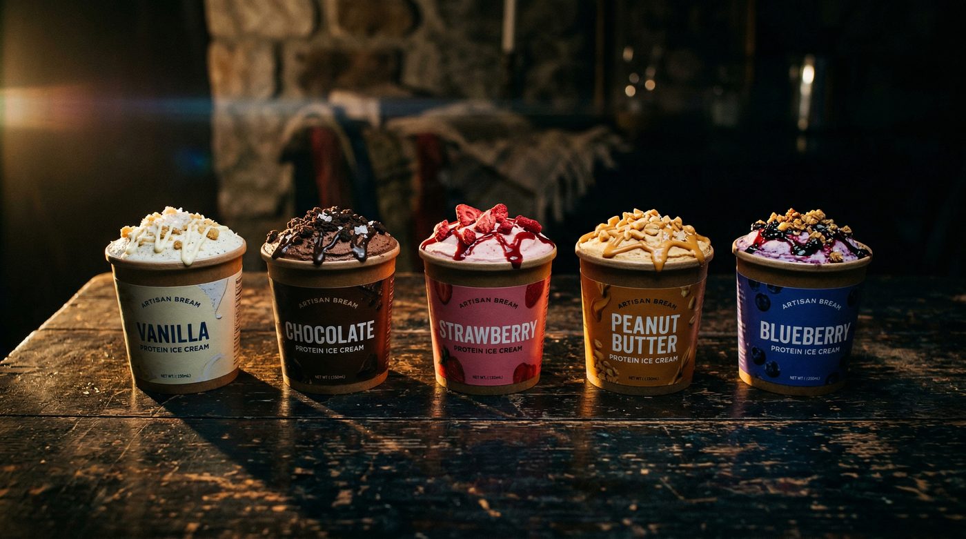 Fünf verschiedenfarbige Protein-Eis-Pints in einer Reihe auf dunklem Untergrund