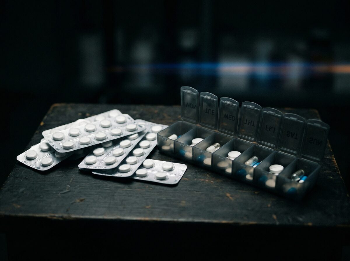 Blisterpackungen mit Tabletten neben einem Wochenpillenorganizer auf dunkler Oberfläche