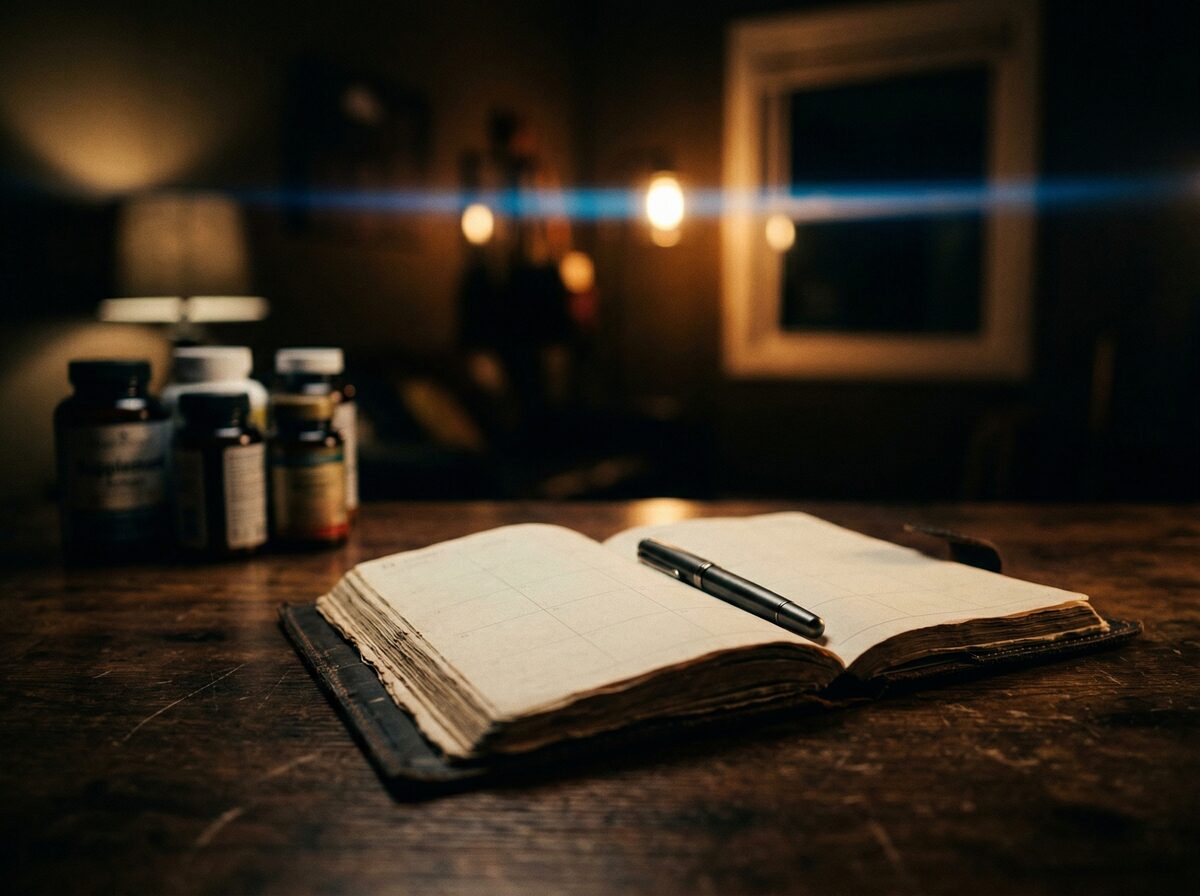 Offener Kalenderplaner auf dunklem Schreibtisch mit Stift und Supplement-Flaschen im Hintergrund