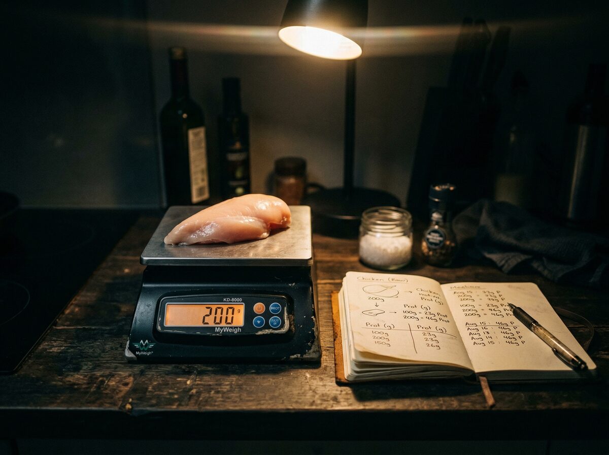 Küchenwaage mit 200 Gramm Hähnchenbrust neben einem Notizbuch mit Protein-Berechnungen