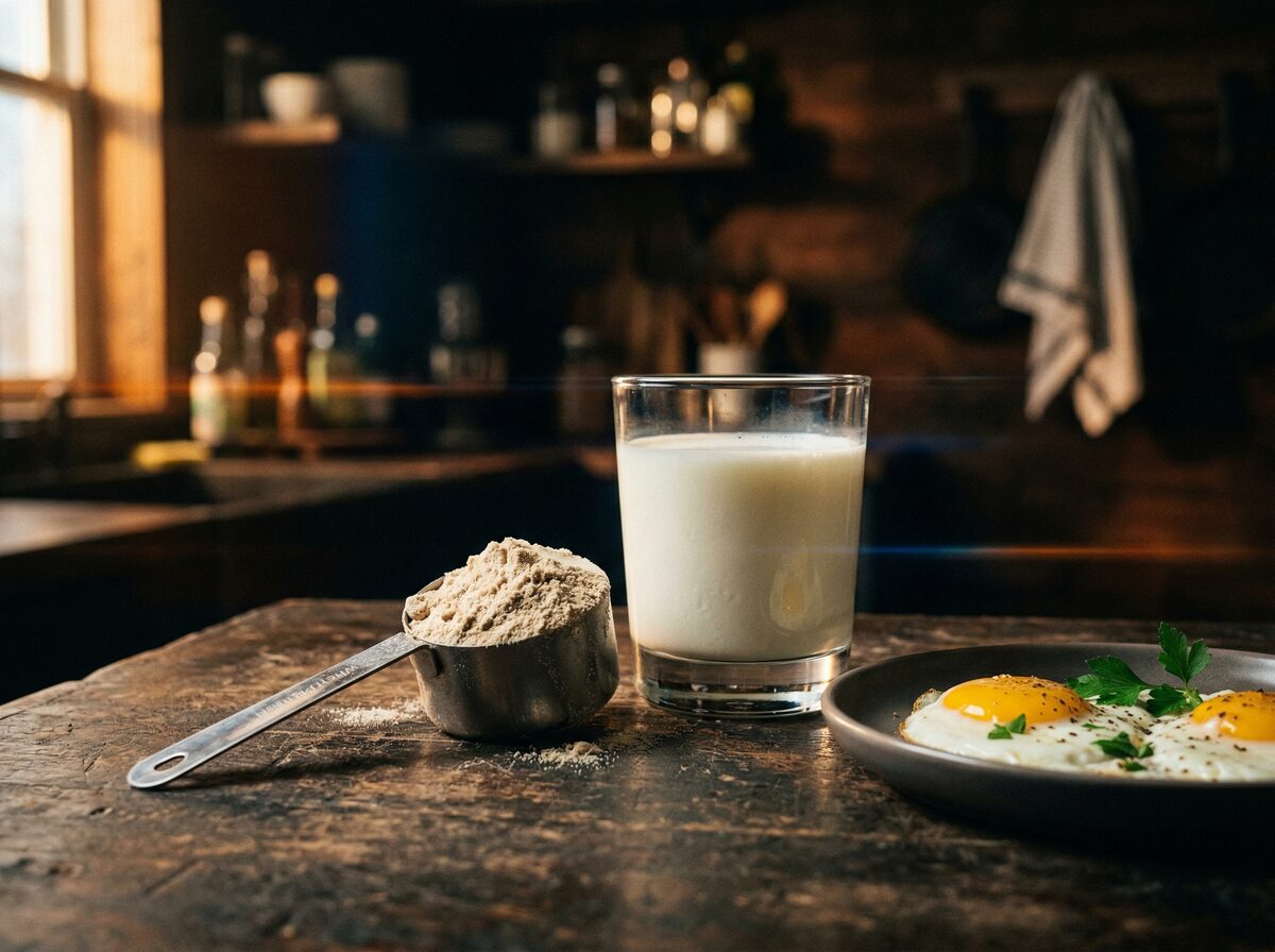 Whey-Protein-Scoop neben einem Glas Milch und einem Teller Eier auf dunkler Oberfläche