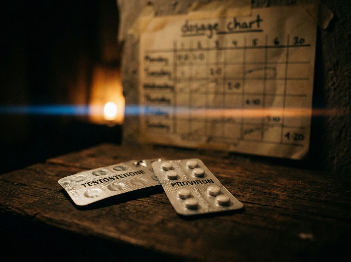 Proviron Tabletten neben Testosteron auf dunkler Oberfläche