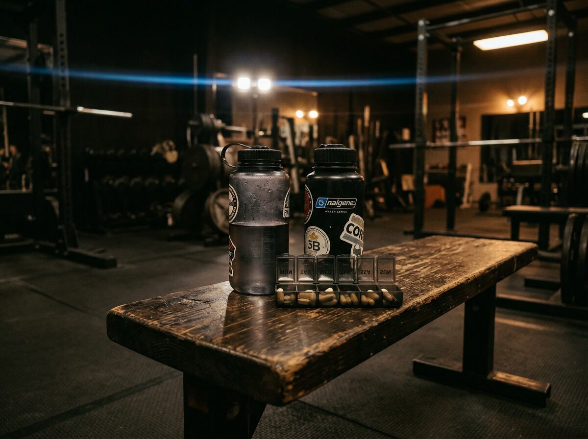 Pillenorganizer und Wasserflasche auf einer Gym-Bank