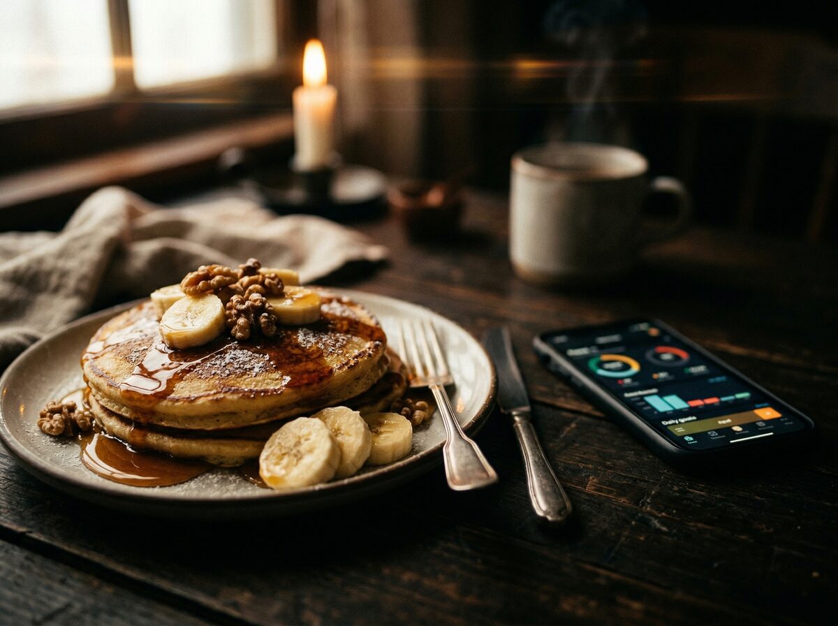 Großer Teller Pancakes mit Sirup und Bananen neben Tracking-App auf dem Handy