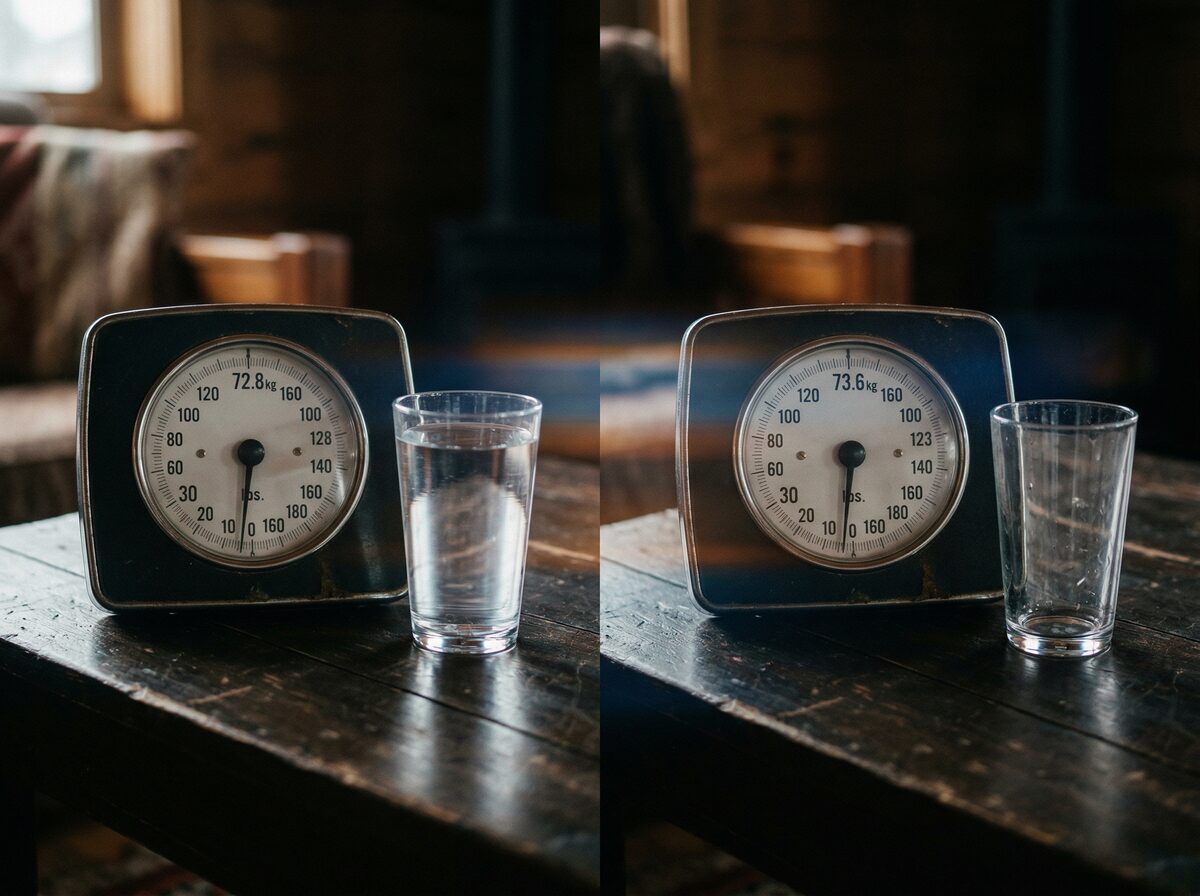 Waage mit verschiedenen Gewichtsanzeigen neben einem Wasserglas auf dunkler Oberfläche