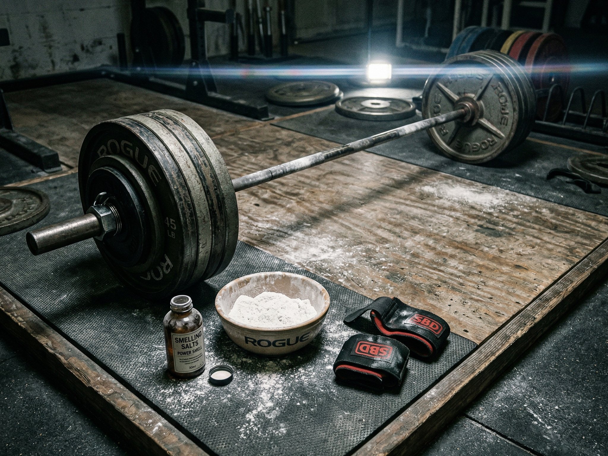 Hantelstange mit Gewichten auf Plattform neben Riechsalz-Flasche und Chalk