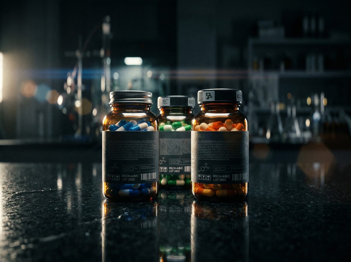 Drei verschiedenfarbige Research-Kapseldosen auf dunkler Oberfläche