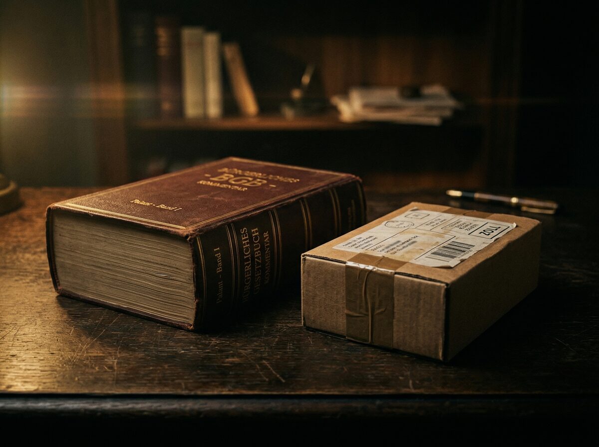 Deutsches Gesetzbuch neben einem Versandpaket auf dunklem Schreibtisch