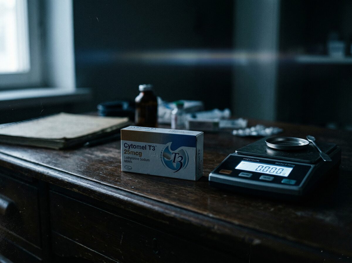 Cytomel T3 Medikamentenbox neben Präzisionswaage auf dunklem Schreibtisch