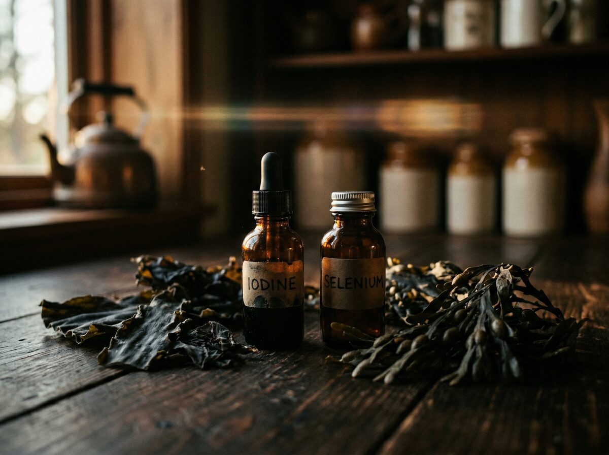 Jod- und Selen-Supplement-Flaschen neben Algen auf dunkler Oberfläche