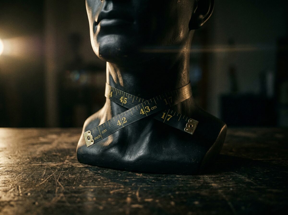 Maßband um einen muskulösen Nacken-Mannequin als Risikofaktor-Konzept