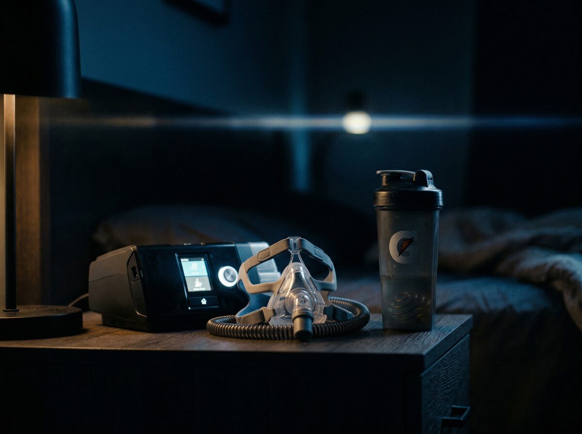 CPAP-Gerät mit Maske neben Protein-Shaker auf dunklem Nachttisch