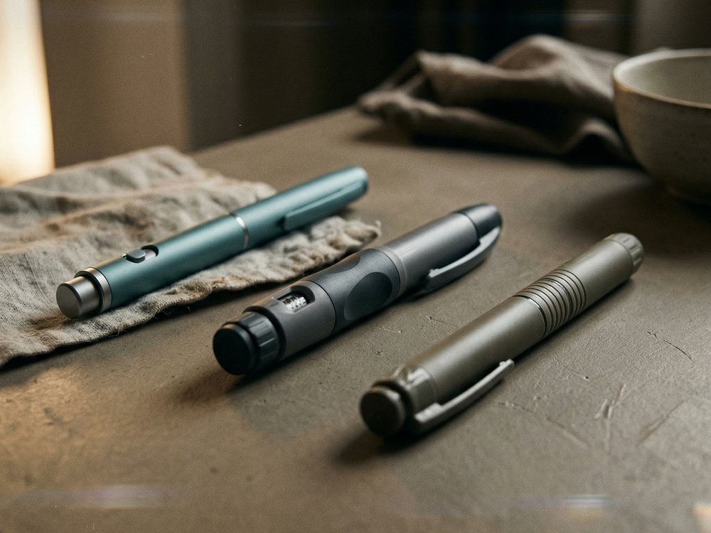 Drei Injektions-Pen-Geräte in unterschiedlichen Farben, symbolisch für Semaglutid, Tirzepatid und Retatrutid im Vergleich