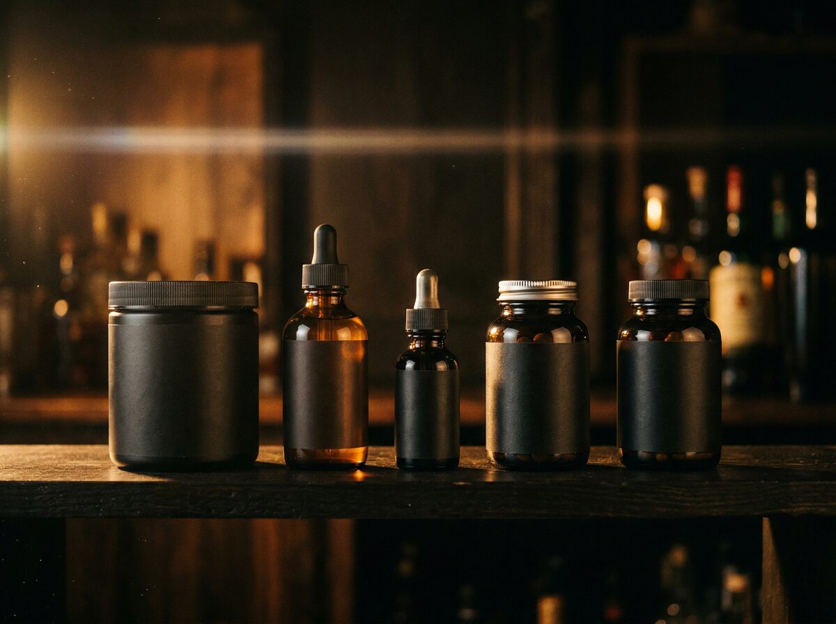 Supplement-Stack auf dunklem Regal: Kreatin, Omega-3, Vitamin D, Zink und Magnesium