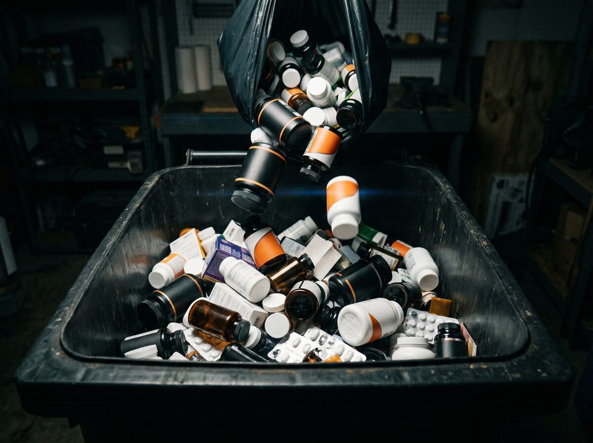 Supplement-Dosen werden in einen Mülleimer geworfen
