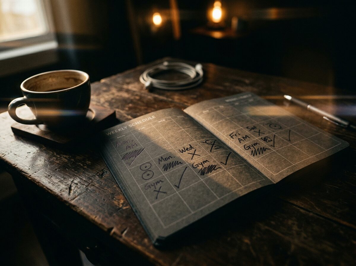 Wochenplaner mit markierten Trainingstagen neben einer Kaffeetasse