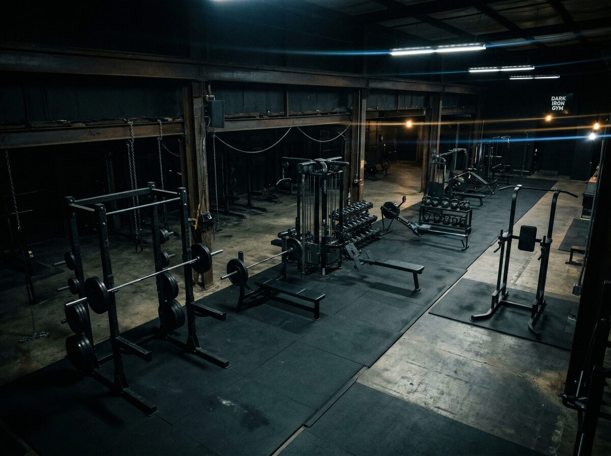 Verschiedene Trainingsstationen in einem dunklen Gym von oben
