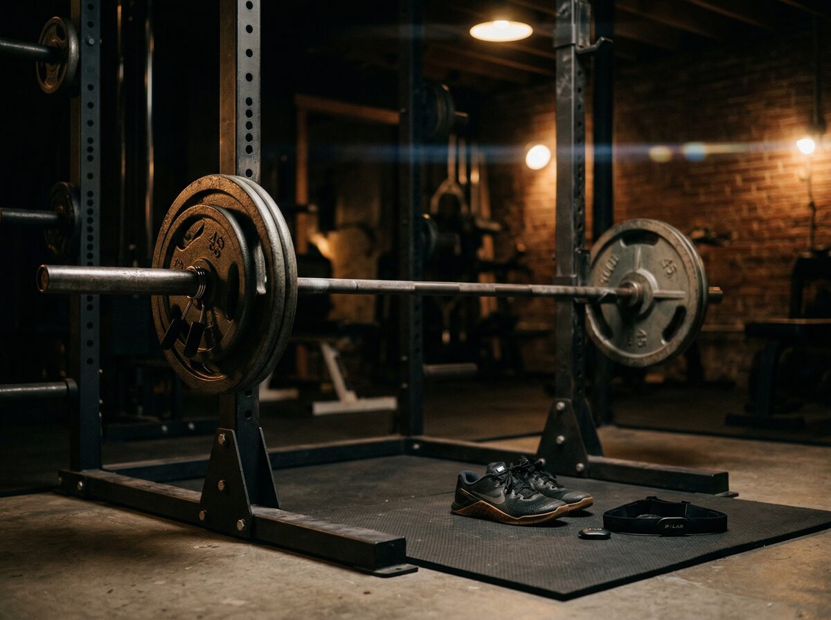 Hybrid-Training: Langhantel und Laufschuhe nebeneinander