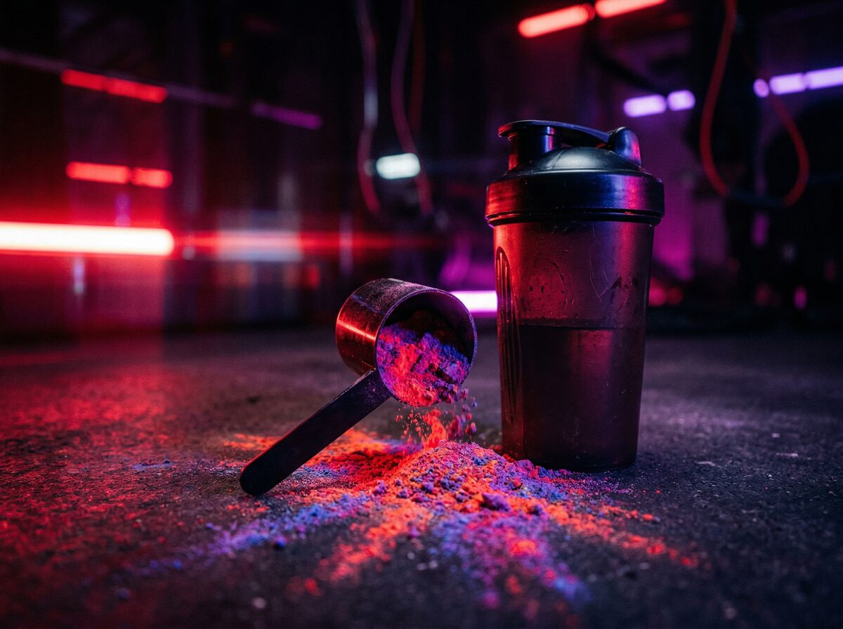 Pre-Workout Pulver mit Messlöffel neben Shaker in dramatischem Neonlicht