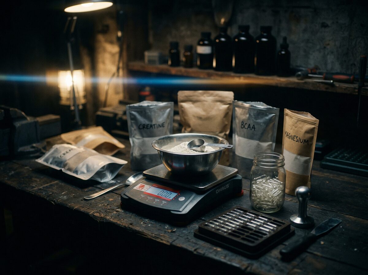 DIY-Supplement-Mischstation mit Pulverbeuteln, Digitalwaage und Kapseln