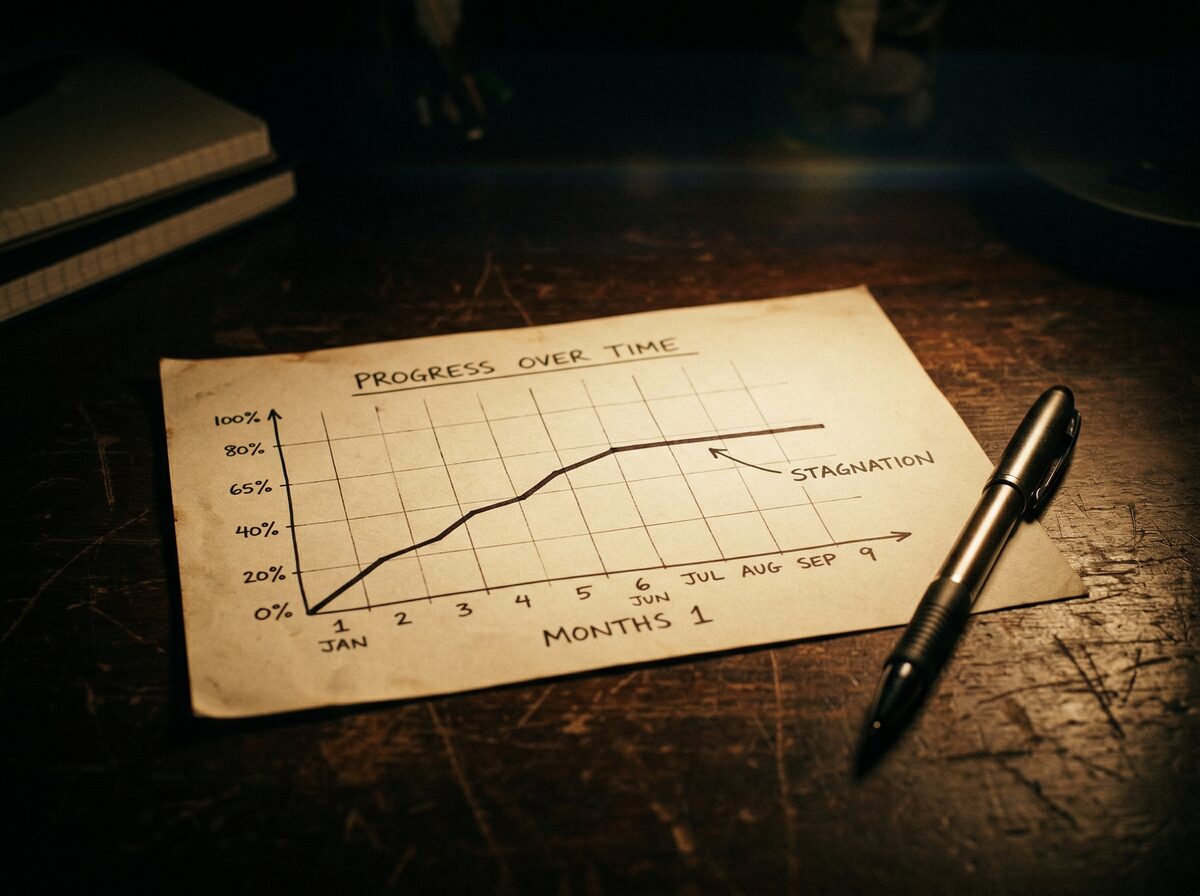 Fortschrittskurve mit Plateau-Linie auf dunklem Schreibtisch