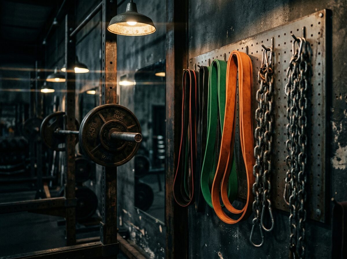Widerstandsbänder und Ketten neben einer Langhantel