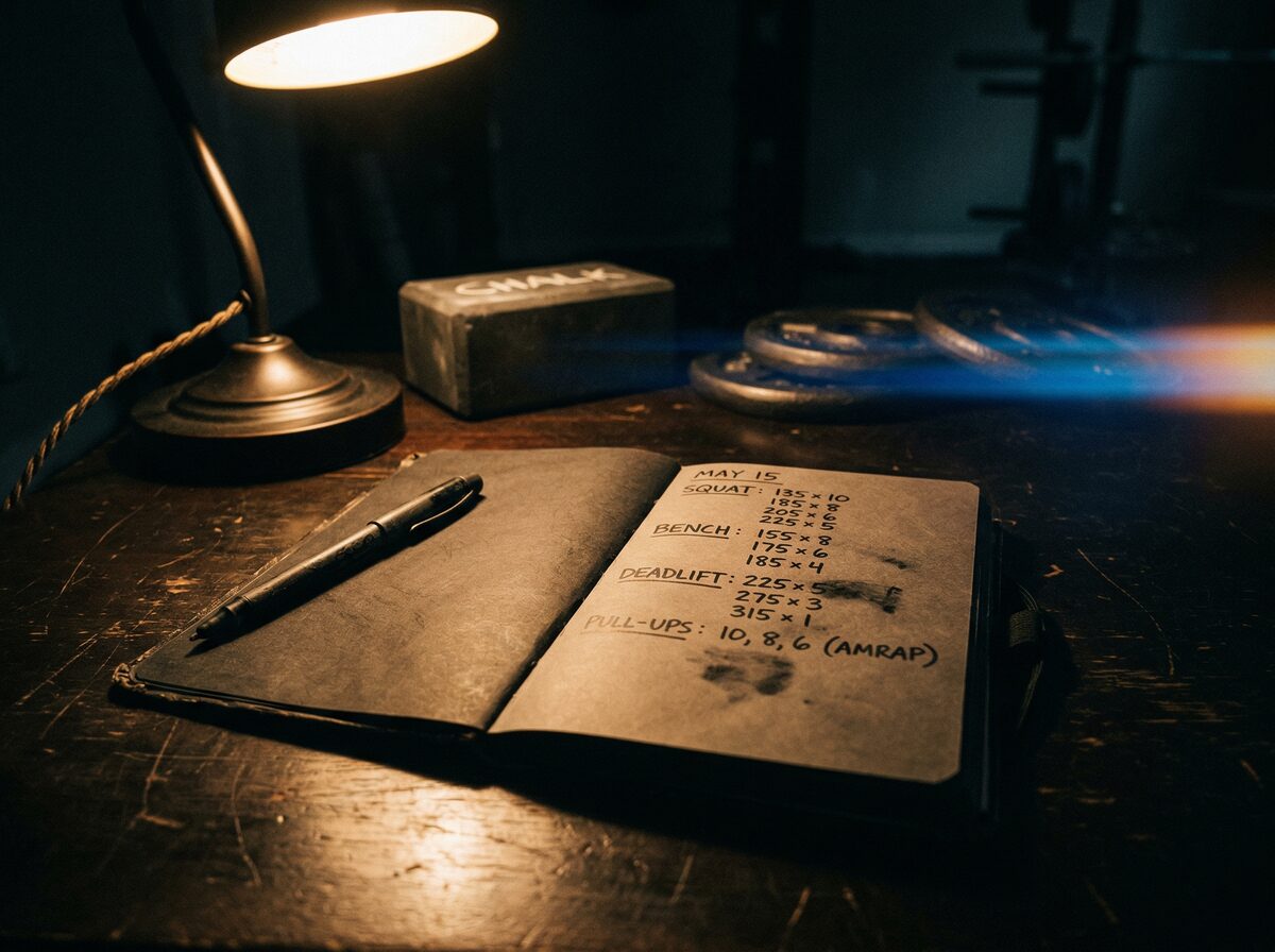 Trainingsnotizbuch mit Sätzen und Wiederholungen auf dunkler Oberfläche