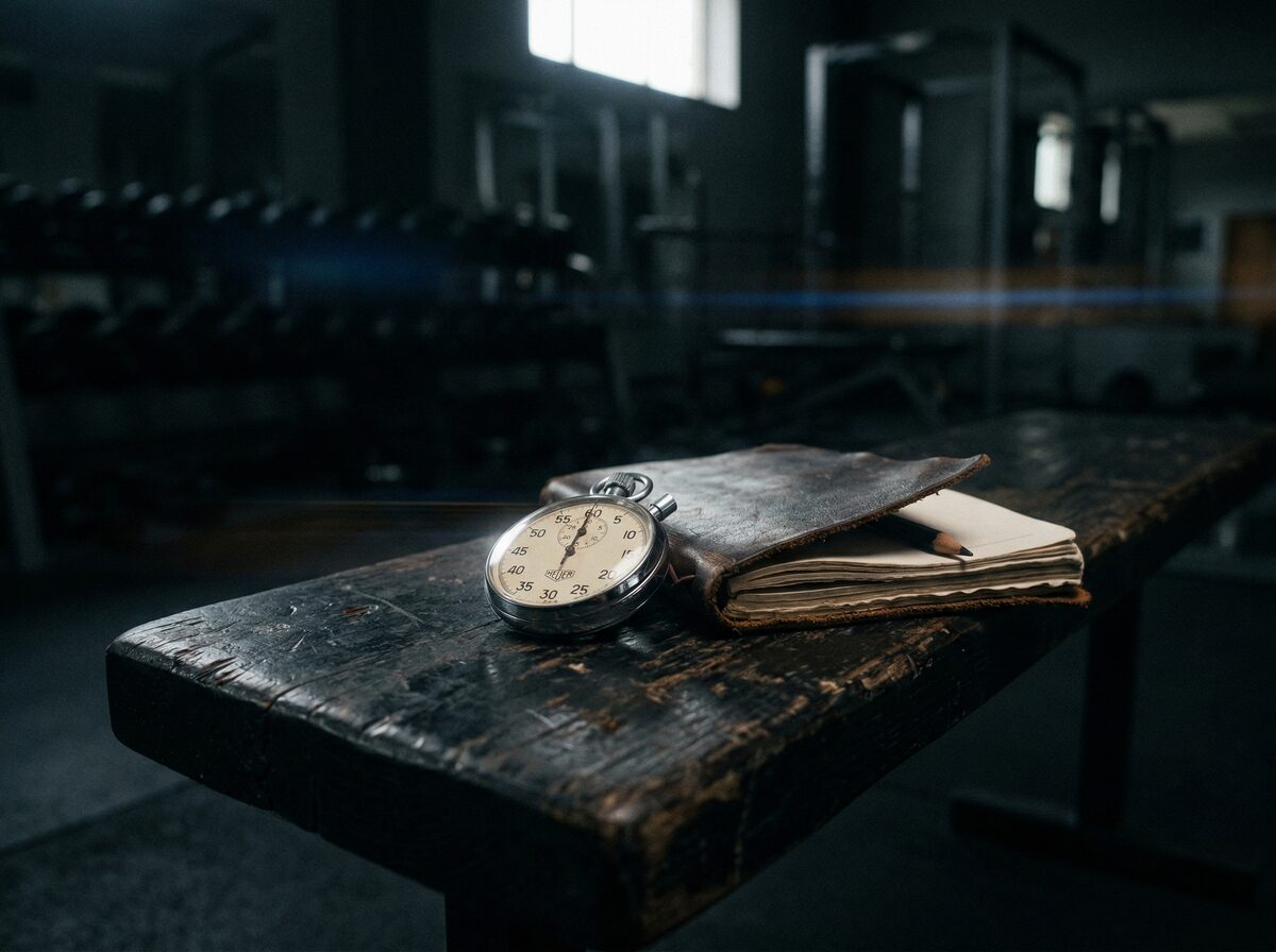 Stoppuhr und Notizbuch auf einer dunklen Gym-Bank