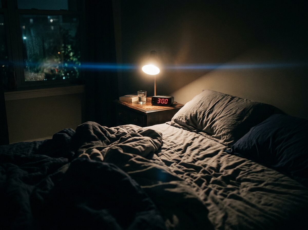 Zerknittertes Bettlaken mit digitalem Wecker der 3 Uhr morgens zeigt auf dunklem Nachttisch